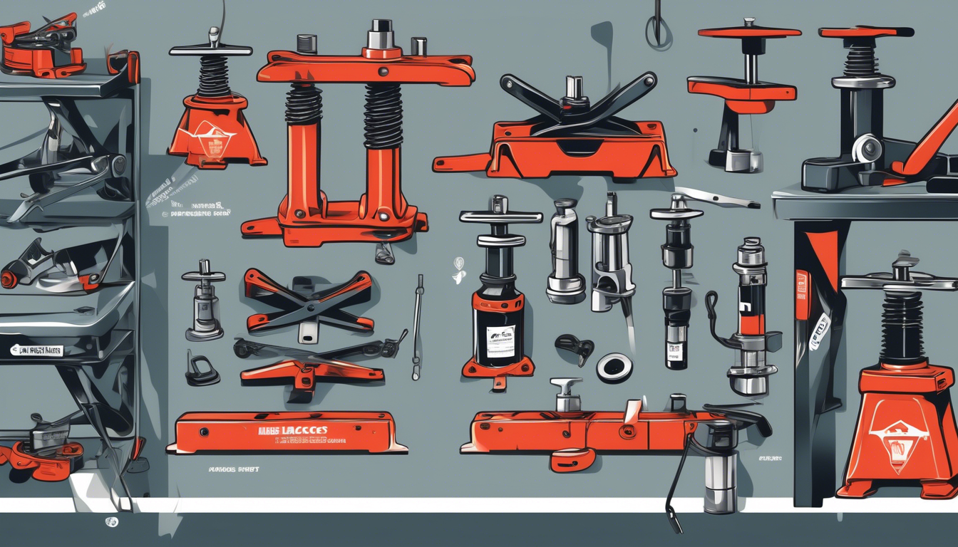 Подробная векторная иллюстрация, показывающая множество различных автомобильных домкратов в мастерской.