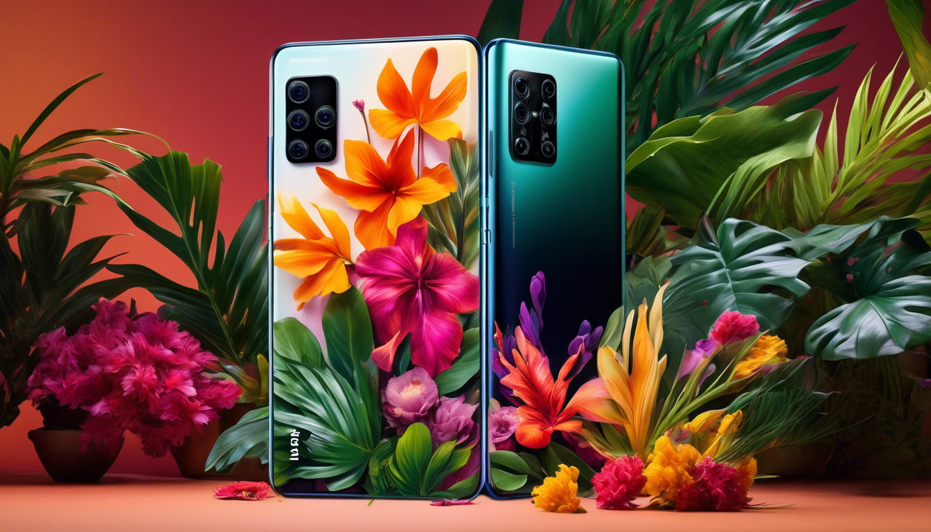 Художественное оформление смартфона Huawei nova 9 на фоне ярких тропических растений и ярких цветов, символизирующее его живую и динамичную работу.