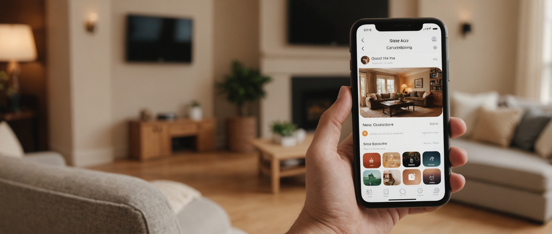 Рука держит смартфон с интерфейсом приложения для декора интерьеров на фоне гостиной.