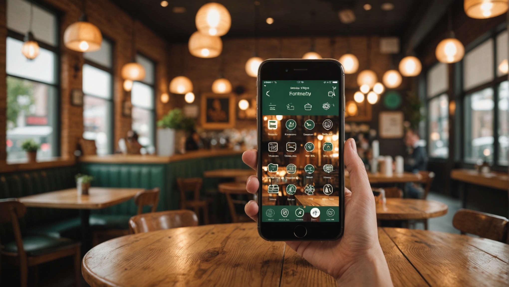 Рука держит смартфон с активным экраном на фоне уютного кафе с деревянной мебелью.