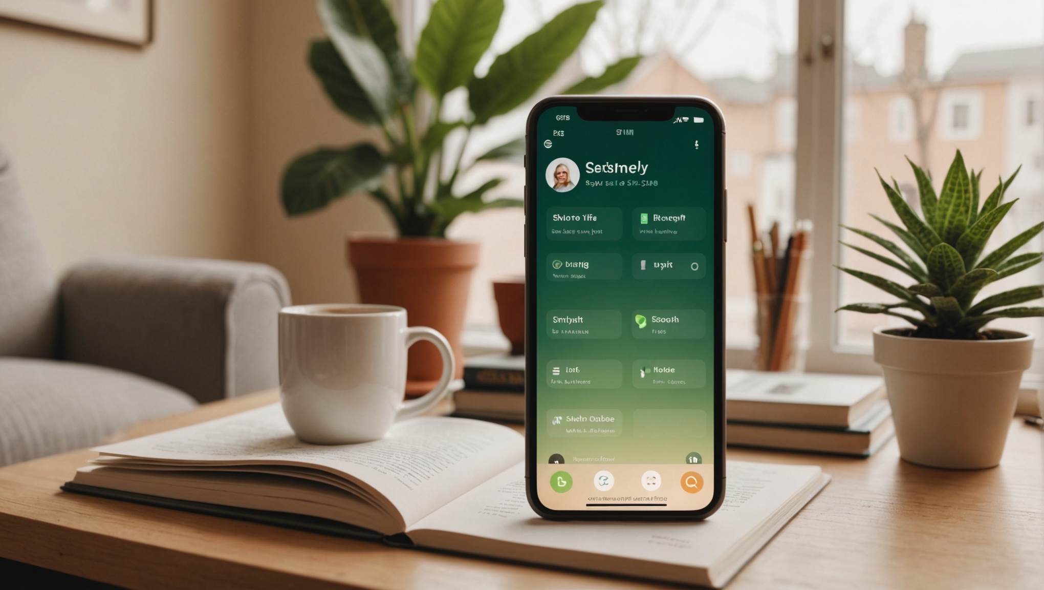 Смартфон с открытым приложением на экране на столе с книгой и чашкой кофе.