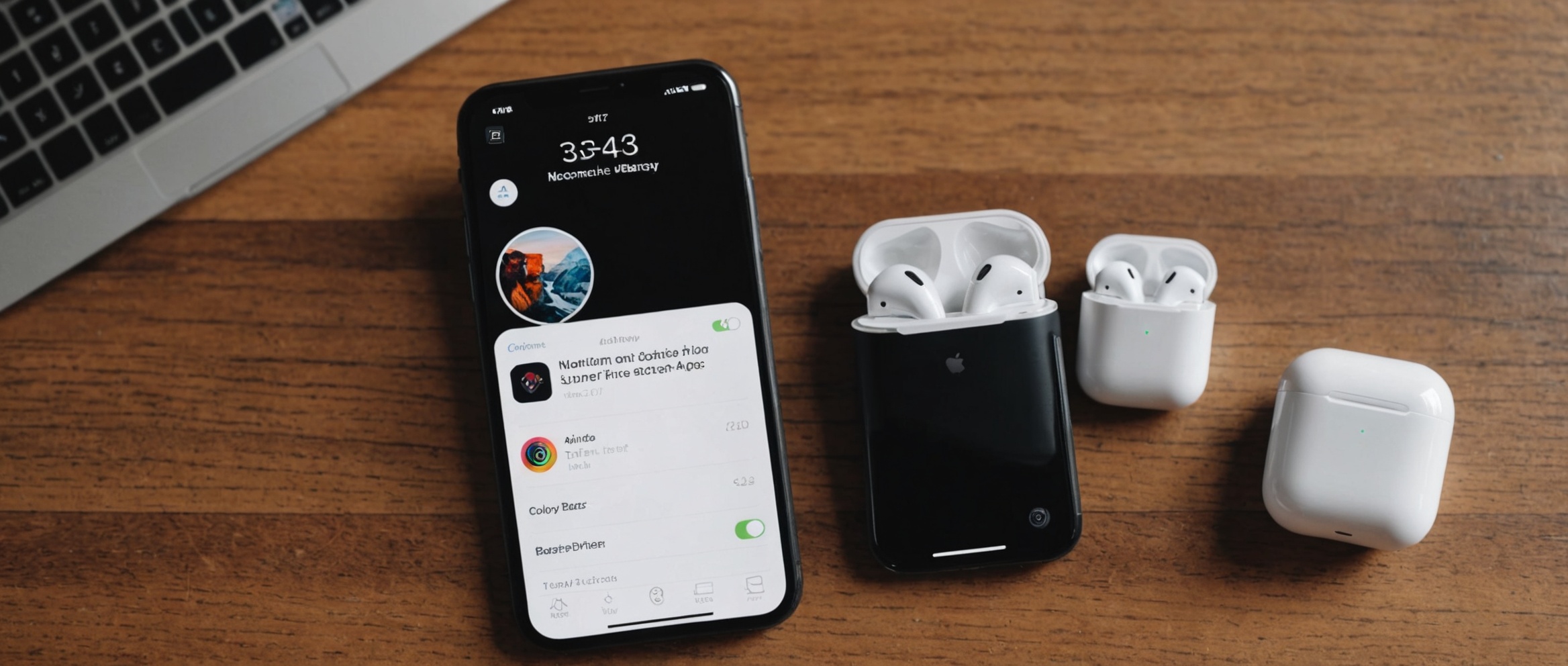 Смартфон с открытым экраном мессенджера, наушники AirPods в корпусах на деревянном столе у ноутбука.