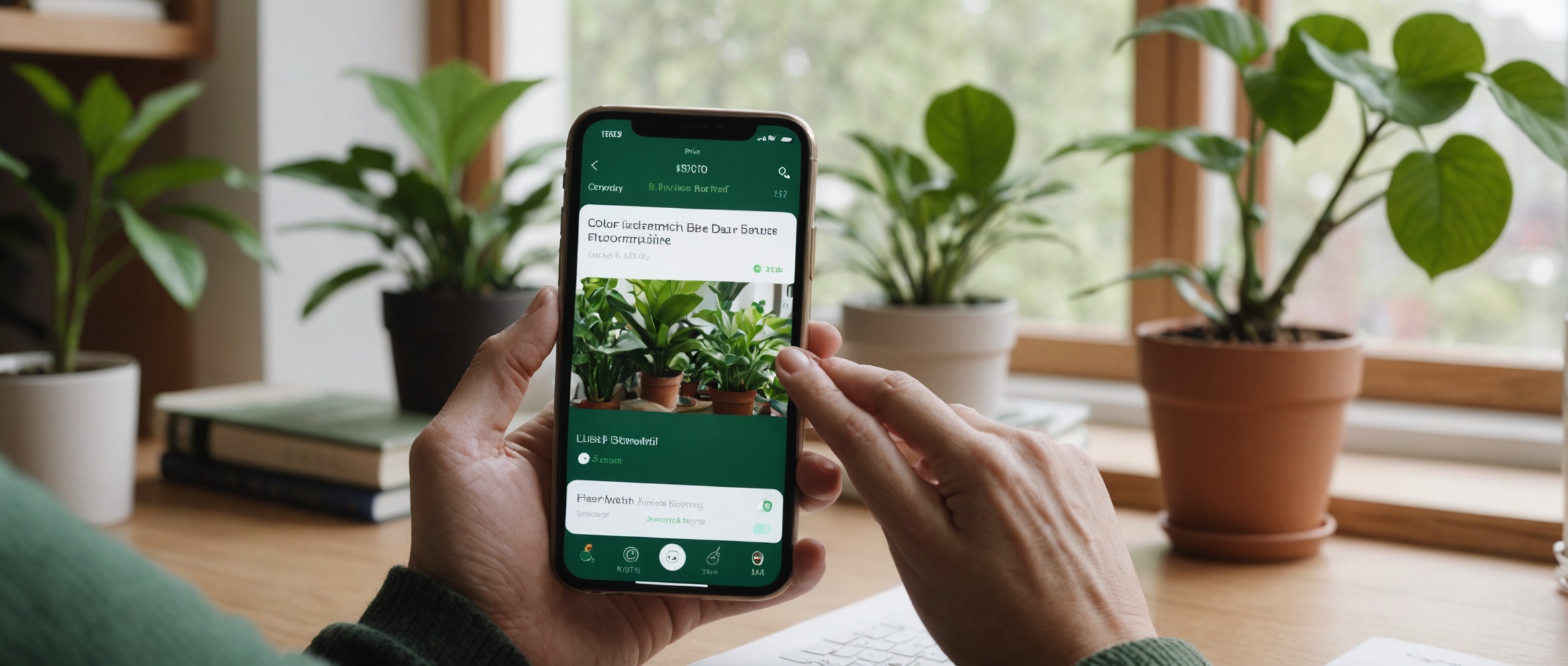 Человек использует мобильное приложение для покупки растений, сидя рядом с окном.