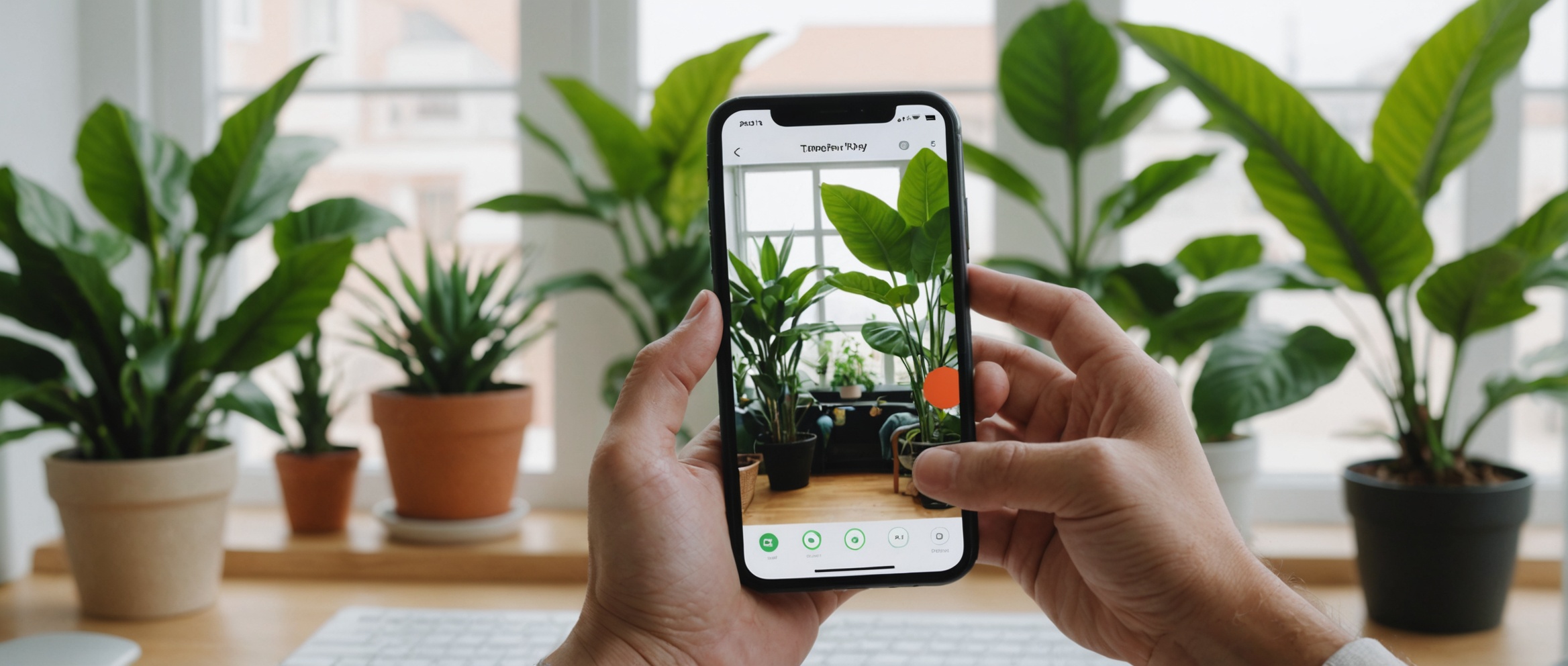 Человек фотографирует комнатные растения через мобильный телефон в светлом помещении.