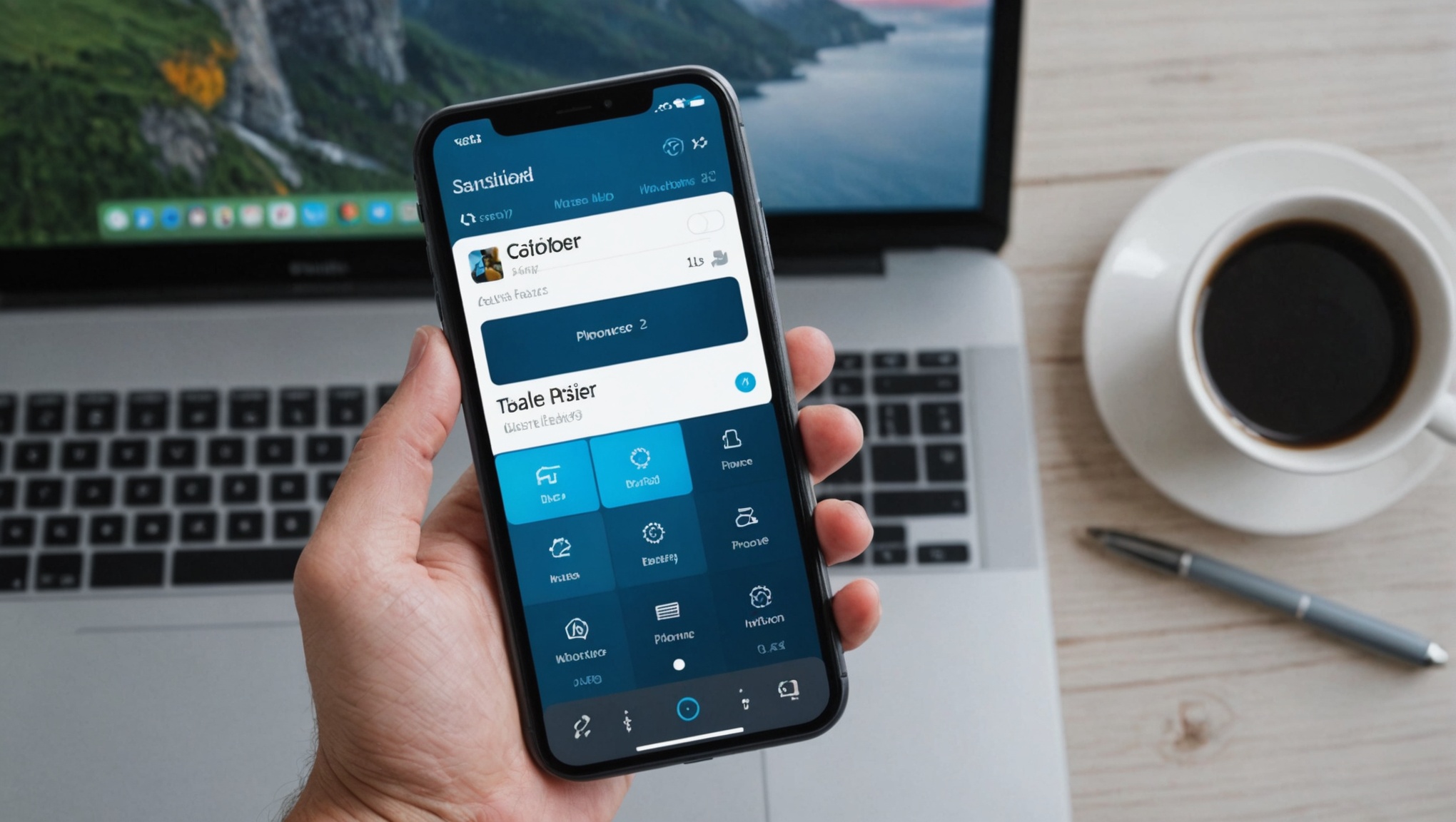 Рука держит смартфон с открытым приложением на фоне ноутбука и чашки кофе.
