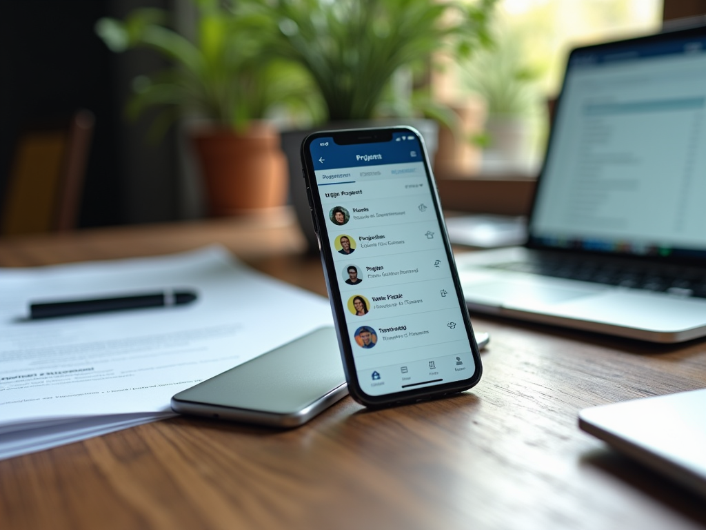 Смартфон с открытым приложением для управления проектами на столе в офисе.